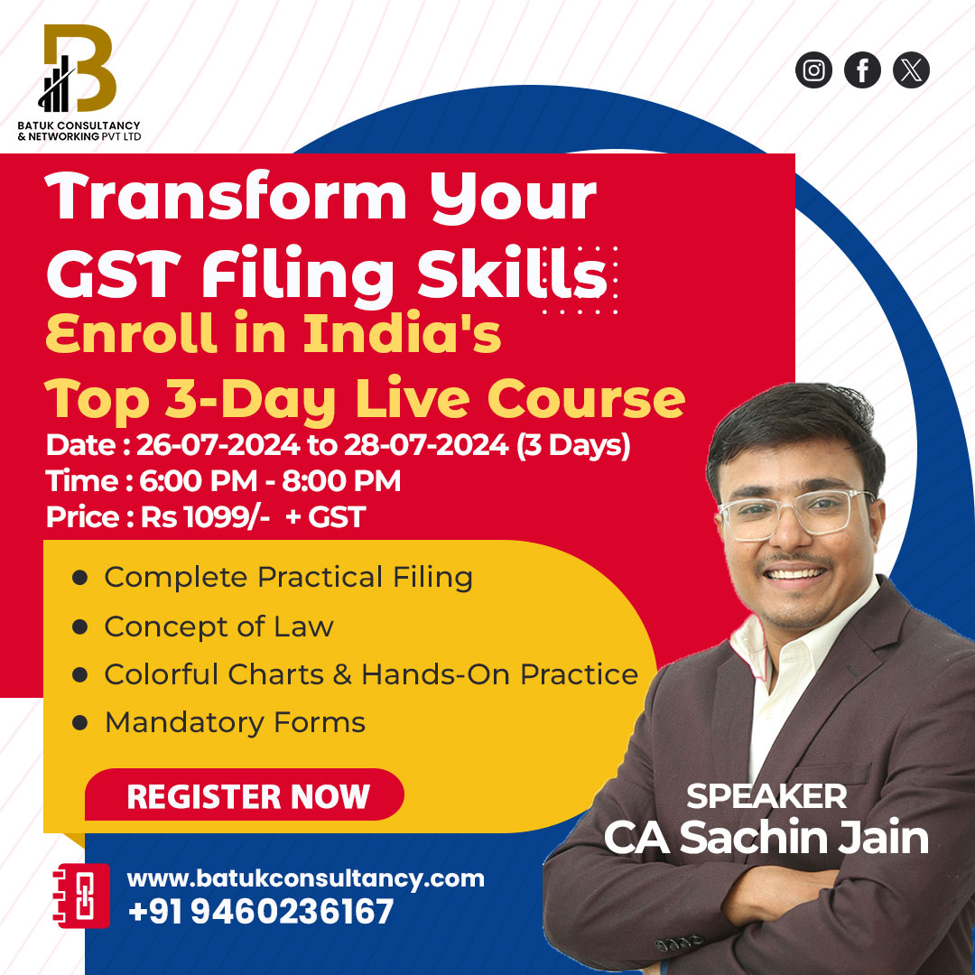 Exclusive Live Course on Practical GST Filing with Expert Legal Insights Course Overview: We are thrilled to offer India's first all-encompassing course on practical GST filing, meticulously designed to provide a deep understanding through vibrant charts and hands-on examples. Led by the renowned CA Sachin Jain (B.Com(H), LLB, ACA, CS, DISA, FAFD), this unique virtual course will empower you with the expertise to excel in GST filing. What You’ll Learn: • Complete Practical Filing: Detailed, step-by-step guidance on GST filing procedures with live demonstrations. • Concept of Law: A solid grasp of the legal framework underpinning GST. • Colorful Charts & Hands-On Practice: Boost your learning with visual aids and practical exercises. • Mandatory Forms: Comprehensive training on timely filing of mandatory forms. Course Highlights: • Expert Instruction: Learn from CA Sachin Jain, a distinguished authority in GST filing and compliance. • Comprehensive GST Returns Coverage: Master the filing of various GST returns on the GSTN common portal. • Interactive Sessions: Participate in engaging live sessions with real-time Q&A. • Learning Materials: Access detailed materials, including colorful charts and hands-on examples. • Special Focus Areas: o Practical provisions related to E-commerce operators o Practical aspects of joint development agreements o Special practical discussion on the construction industry o Practical hands-on training for Rule 42 and 43 under GST o Techniques for scrutinizing returns for better accuracy Course Details: • Duration: 3 Days • Format: Live Virtual Sessions • Instructor: CA Sachin Jain (B.Com(H), LLB, ACA, CS, DISA, FAFD) Dates and Time Slots: • Day 1: 26-07-2024 (06:00 PM – 08:00 PM) • Day 2: 27-07-2024 (06:00 PM – 08:00 PM) • Day 3: 28-07-2024 (06:00 PM – 08:00 PM) Why Attend: • Unique Virtual Course: Learn from the comfort of your home. • Practical Knowledge: Acquire hands-on experience and practical insights for confident GST filing. • Expert Guidance: Gain invaluable knowledge from one of India’s leading GST experts, CA Sachin Jain. • Free E-Guide: Receive a complimentary e-guide packed with essential GST filing tips and techniques. Don’t miss this unparalleled opportunity to enhance your GST filing skills and ensure compliance with the latest regulations. Enroll now to secure your spot! Transform Your GST Filing Skills: Enroll in India's Top 3-Day Live Course